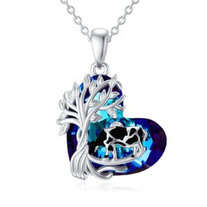 TOUPOP Cow Necklace s925 Sterling Silver Tree of Life Necklaces with Blue Circle Crystal Cow Lovers Gifts Birthday Jewelry Gifts for Women