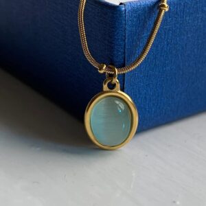 Moonffay Green Created Opal Stone Pendant Gold Necklace for Women,Charm Plated 18k Gold Stainless Steel Snake Chain Non Tarnish Choker Necklaces Woman Jewelry