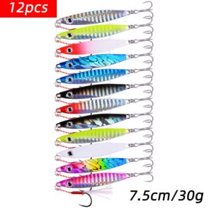 Aorace 12pcs 30g 7.5cm Metal Jigs Saltwater Fishing Lures Jigging Spoon Lures Kit for Long Casting Surf Fishing Slow Vertical Casting Artificial Lead Jigs Assortment for Bass Sea Trout