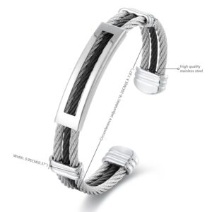 BIYONGDE Silver Black Steel Twisted Cable Cuff Bangle Bracelet ID Identify Charms, Adjustable, Mens Womens