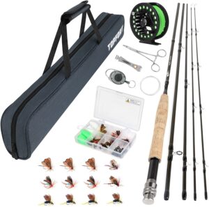 topfort fly fishing rod and reel combo starter kit, 4 piece lightweight ultra-portable graphite fly rod complete starter package with carrier bag (3/4# 2.4m fly fishing rod and reel combo)