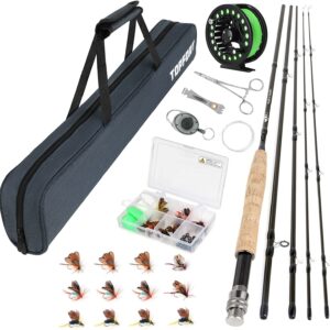 TOPFORT Fly Fishing Rod and Reel Combo Starter Kit, 4 Piece Lightweight Ultra-Portable Graphite Fly Rod Complete Starter Package with Carrier Bag (3/4# 2.4m Fly Fishing Rod and Reel Combo)