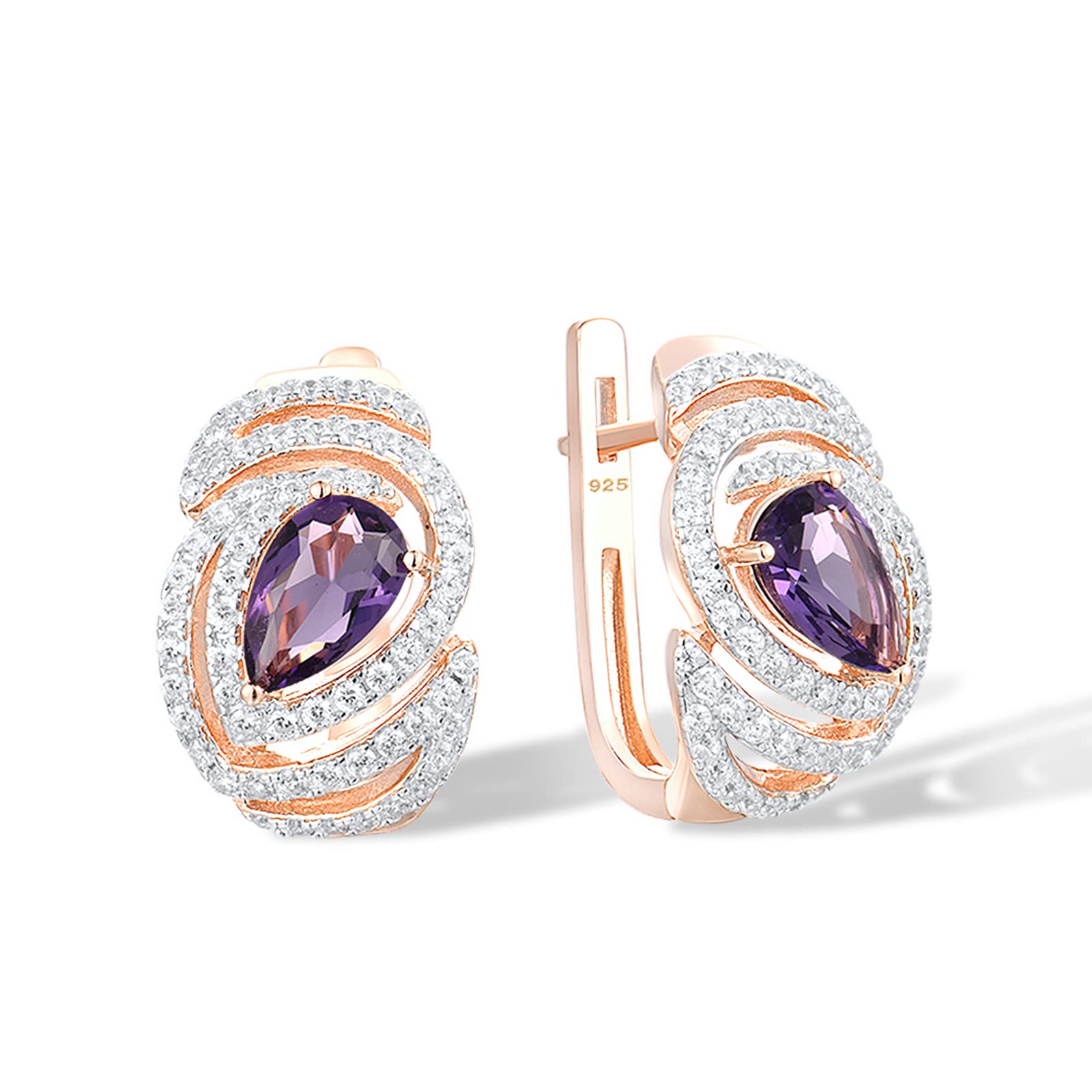 Santuzza 925 Sterling Silver Pear Shape Purple Glass Earrings Cubic Zirconia 14K Rose Gold Plated Dangle Earrings for Women