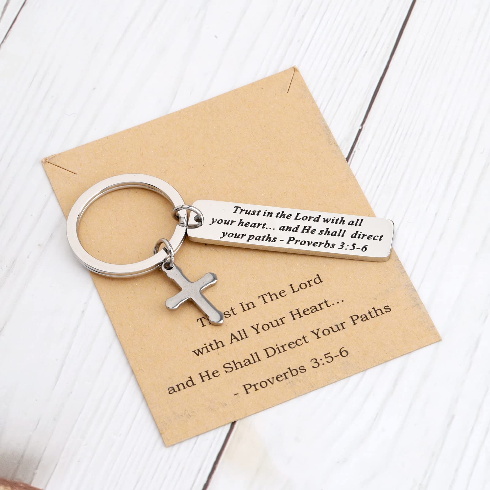 BEKECH Christian Proverbs 3:5-6 Trust in The Lord With All Your Heart Cross Charm Keychain Bible Verse Gift, Trust in the Lord With All Your Heart.. Brown Card, S