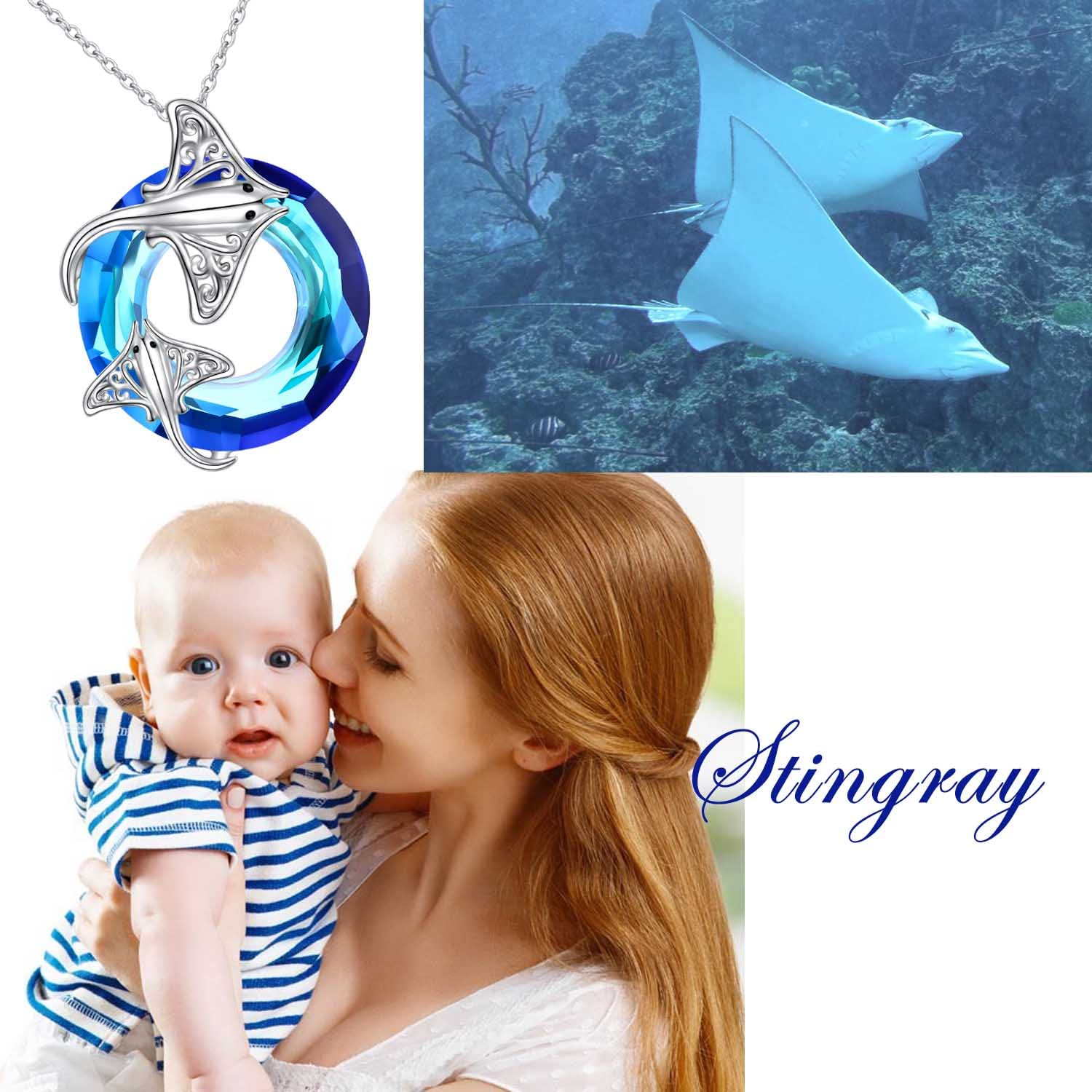 Ladytree Stingray Necklaces for Stingray Lover Sterling Silver Manta Ray Blue Circle Crystal Necklace Ocean Animal Jewelry for Women Mother from Daughter Son