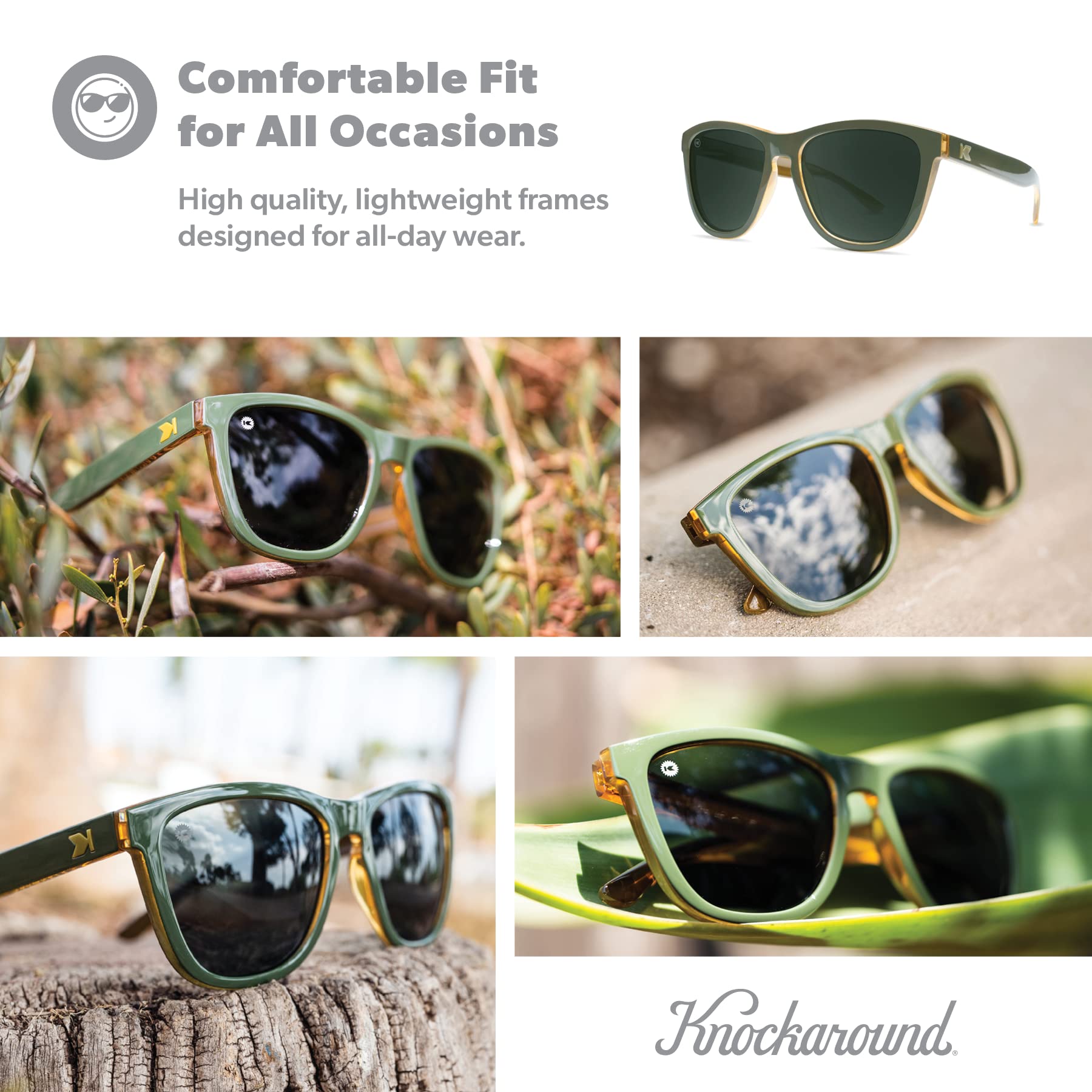 Knockaround Premiums Polarized Sunglasses for Men & Women - Impact Resistant Lenses & Full UV400 Protection, Army Green Frames/Aviator Green Lenses