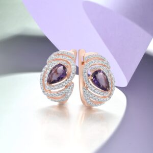 Santuzza 925 Sterling Silver Pear Shape Purple Glass Earrings Cubic Zirconia 14K Rose Gold Plated Dangle Earrings for Women