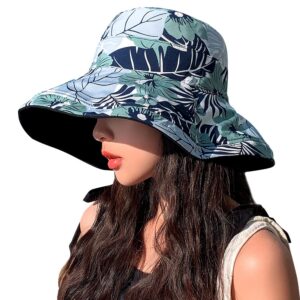 Reversible Floral Sun Hats UV Protection UPF Packable Wide Brim Chin Strap Women (Black)