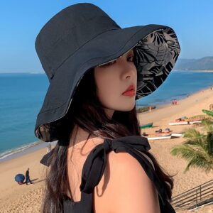 Reversible Floral Sun Hats UV Protection UPF Packable Wide Brim Chin Strap Women (Black)