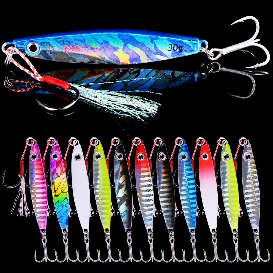 Aorace 12pcs 30g 7.5cm Metal Jigs Saltwater Fishing Lures Jigging Spoon Lures Kit for Long Casting Surf Fishing Slow Vertical Casting Artificial Lead Jigs Assortment for Bass Sea Trout