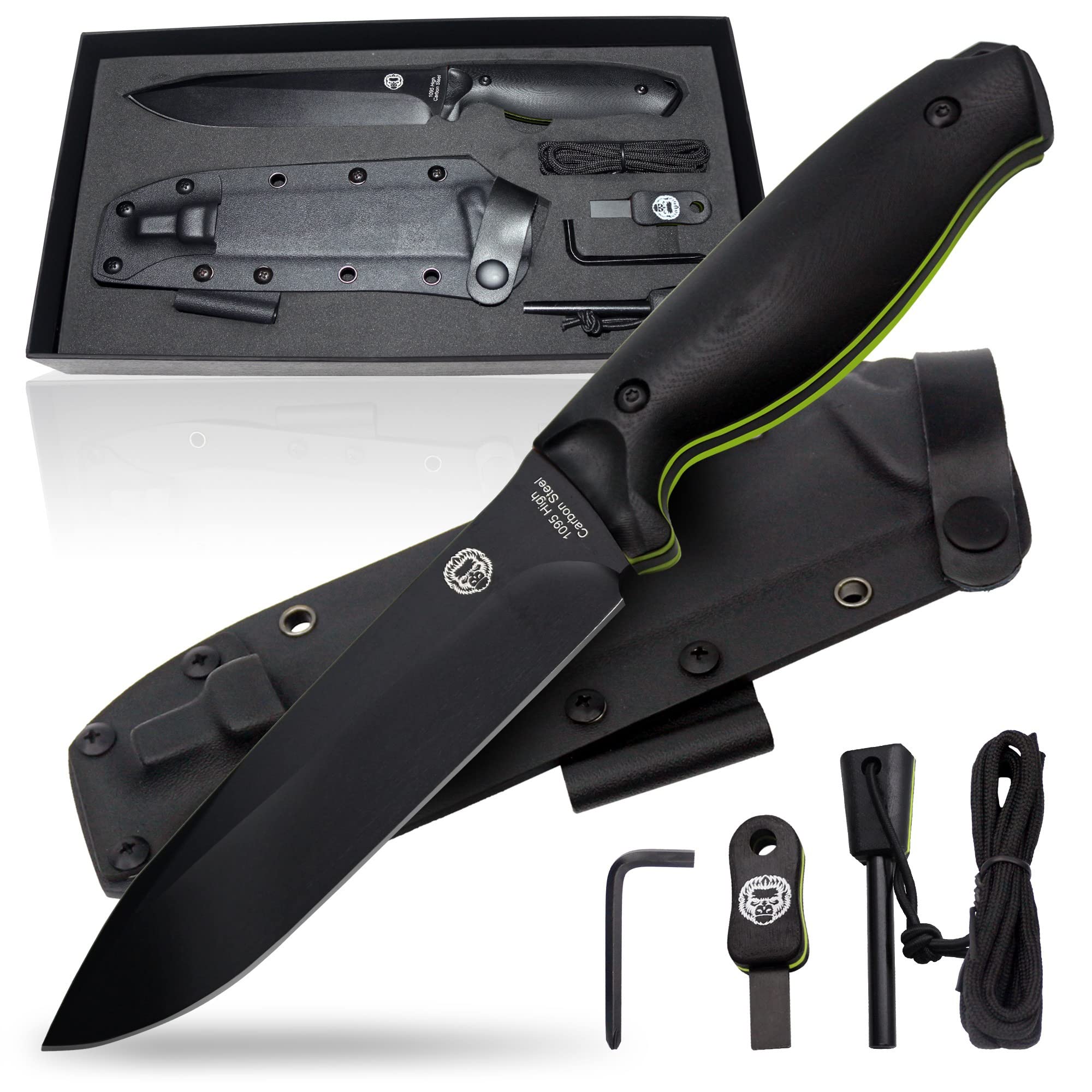 Holtzman's Gorilla Survival 'Fireline' Fixed Blade Hunting Knife with Sheath, Fire Starter Scraper & Paracord (Green)