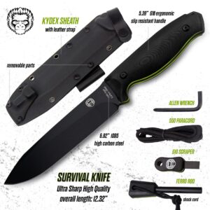 Holtzman's Gorilla Survival 'Fireline' Fixed Blade Hunting Knife with Sheath, Fire Starter Scraper & Paracord (Green)