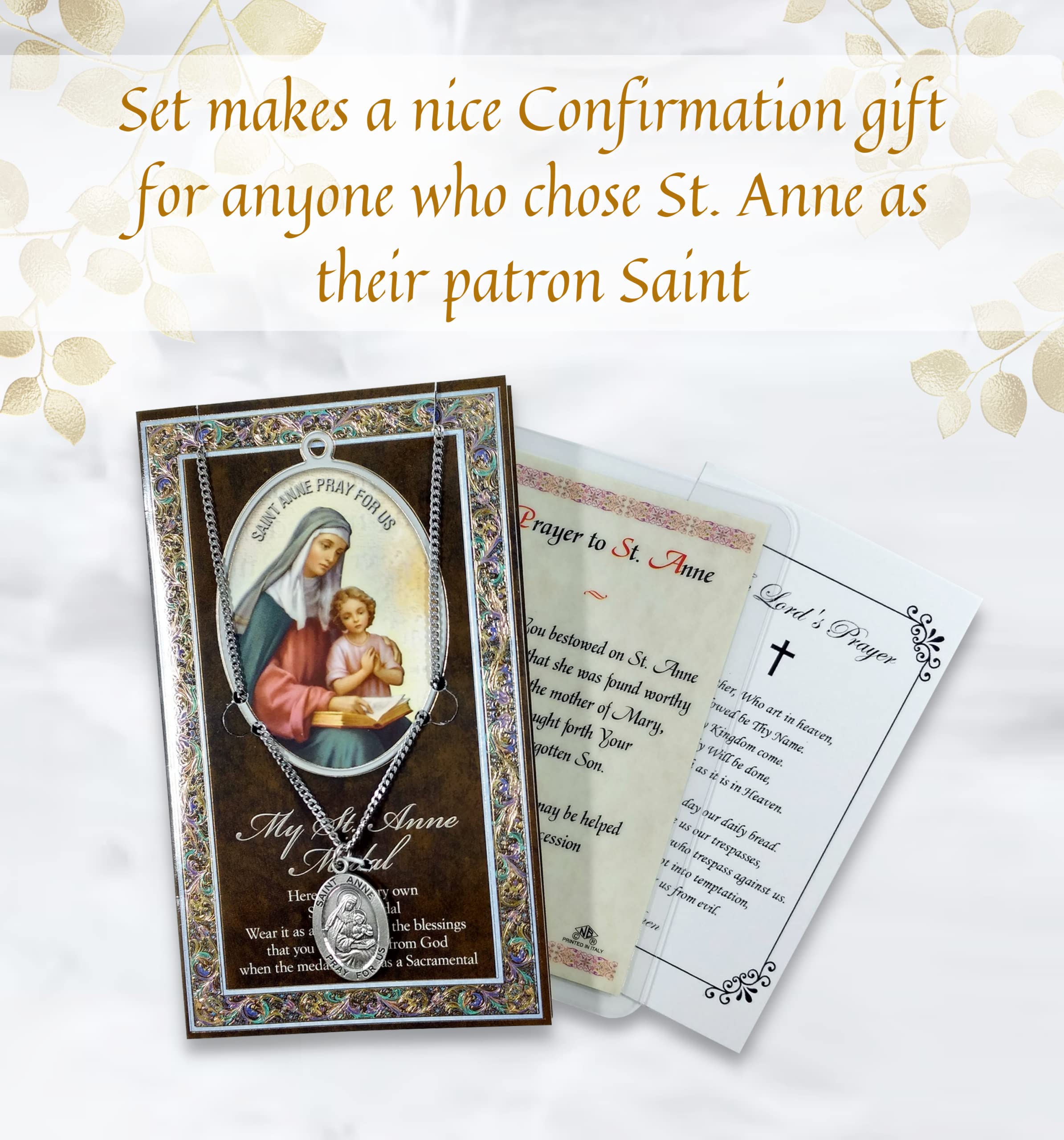 Saint Anne Medallion with St Anne Prayer Card, Lord's Prayer Card | St Anne Medal Necklace Jewelry | Catholic Patron Saint Of Unmarried Women, Mothers, Grandmothers Themed Set, Total 3 Items