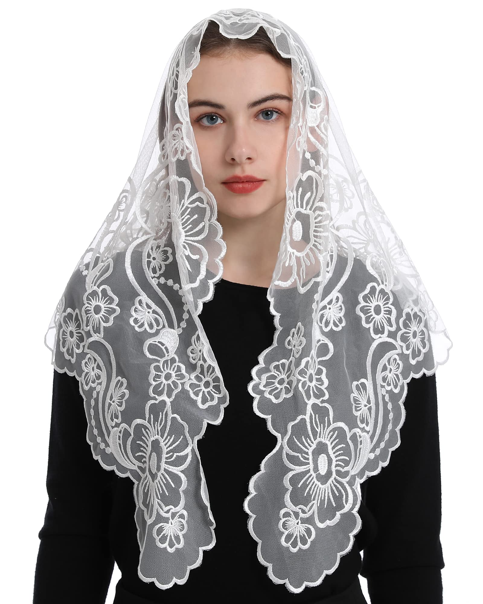 Bozidol Chapel Mantilla Christian Latin Mass Veils for Religious Prayer Orthodox Lace Head Covering Veil with Gift Box (White)