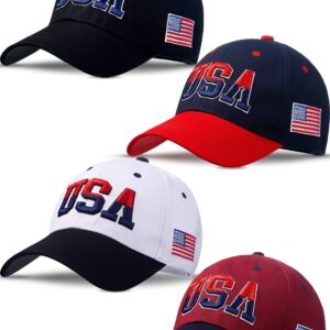 ROLVNHTV 4 Pieces USA Hats for Men American Flag Cap Adjustable Embroidered Patriotic Black Baseball Hat Trucker Hat for Men Women