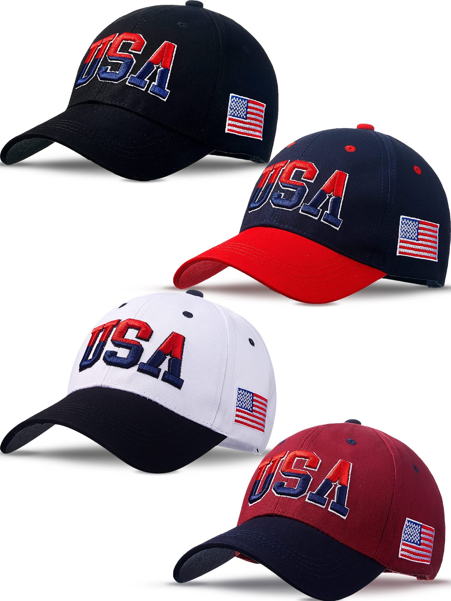 ROLVNHTV 4 Pieces USA Hats for Men American Flag Cap Adjustable Embroidered Patriotic Black Baseball Hat Trucker Hat for Men Women