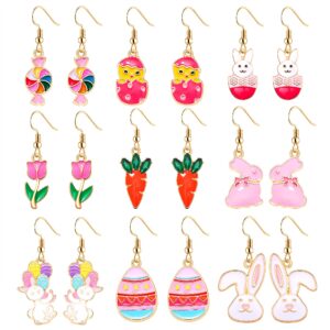 9 pairs easter earrings for women enamel bunny drop earrings cute rabbit dangle earrings colorful egg earring set easter theme jewelry (9pcs easter set)