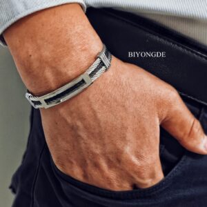 BIYONGDE Silver Black Steel Twisted Cable Cuff Bangle Bracelet ID Identify Charms, Adjustable, Mens Womens