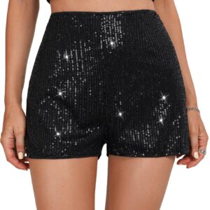 SweatyRocks Women's Sequins High Elastic Waist Straight Leg Shorts Solid Glitter Party Shorts Black L