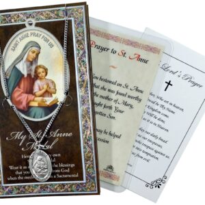 Saint Anne Medallion with St Anne Prayer Card, Lord's Prayer Card | St Anne Medal Necklace Jewelry | Catholic Patron Saint Of Unmarried Women, Mothers, Grandmothers Themed Set, Total 3 Items