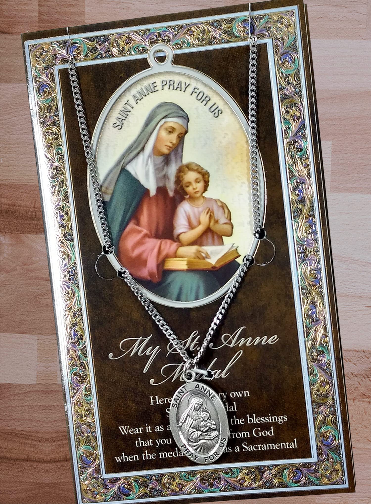 Saint Anne Medallion with St Anne Prayer Card, Lord's Prayer Card | St Anne Medal Necklace Jewelry | Catholic Patron Saint Of Unmarried Women, Mothers, Grandmothers Themed Set, Total 3 Items