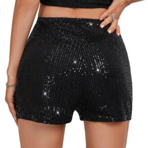 SweatyRocks Women's Sequins High Elastic Waist Straight Leg Shorts Solid Glitter Party Shorts Black L