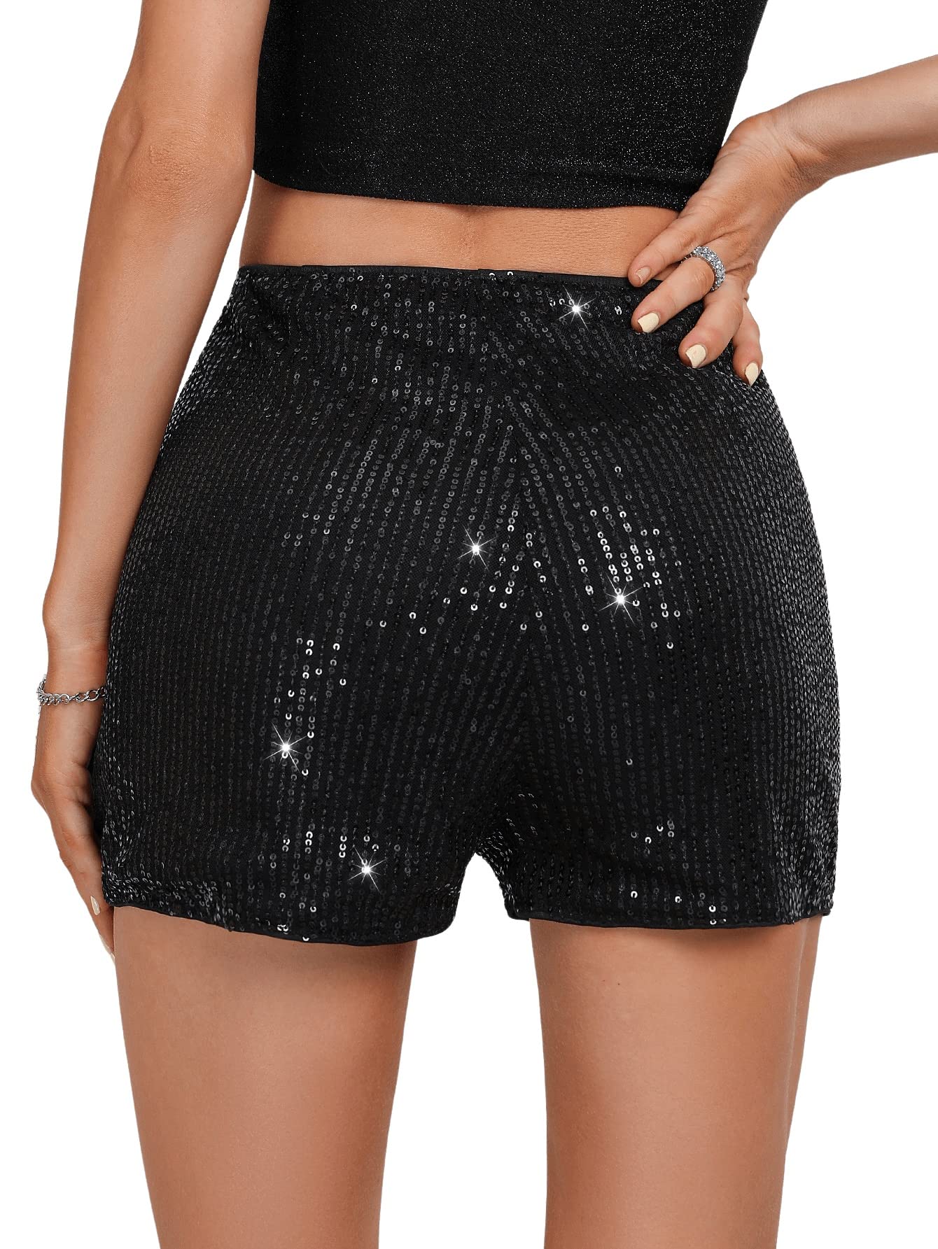 SweatyRocks Women's Sequins High Elastic Waist Straight Leg Shorts Solid Glitter Party Shorts Black L