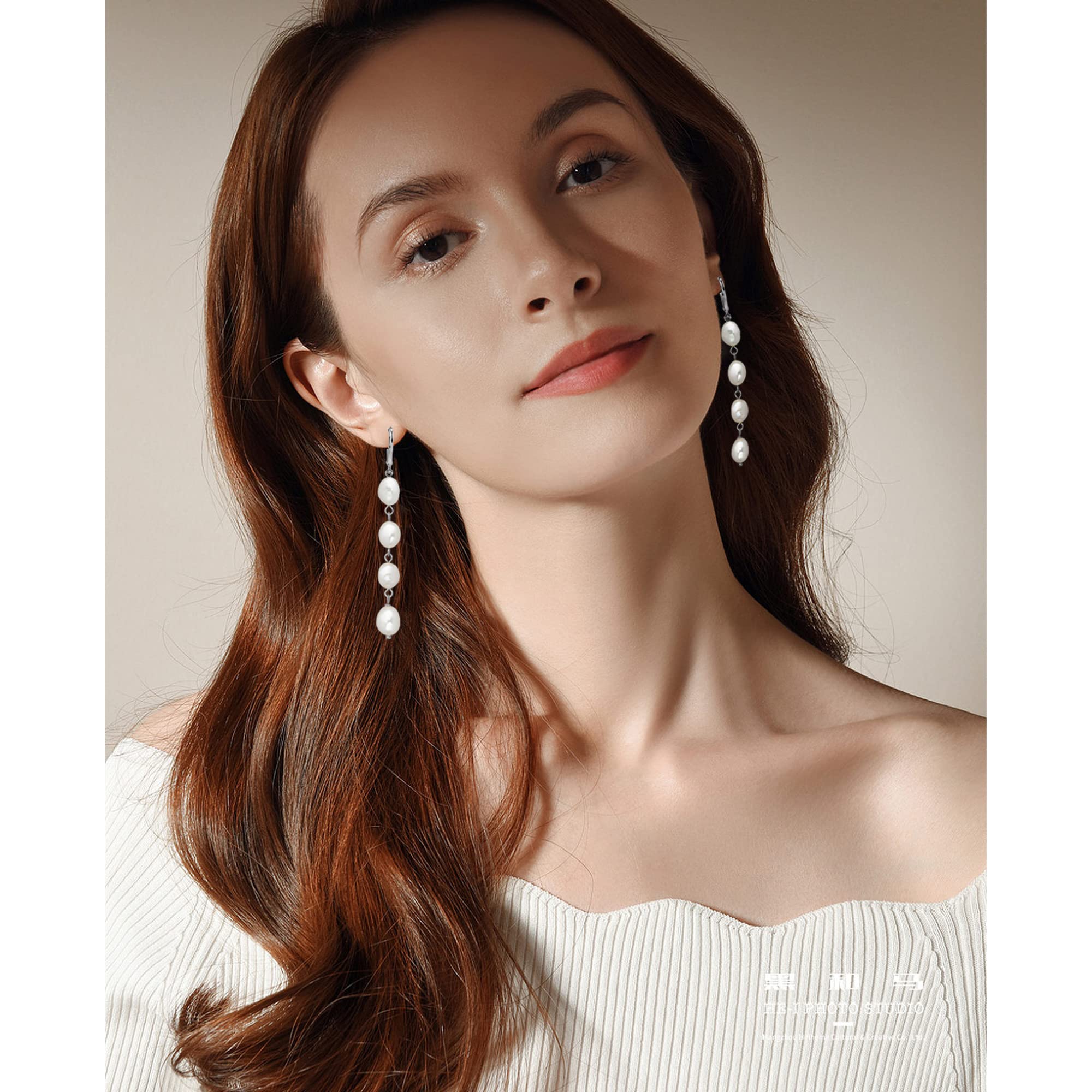 Pearl Dangle Drop Earrings for Women, Long White Pearl with Sterling Silver Post Sensitive Ears,Gold Plated 925 Silver Wedding Earrings Gift (Silver long)