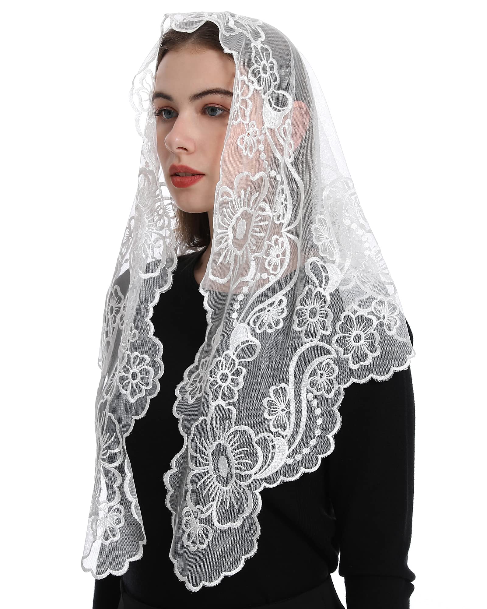 Bozidol Chapel Mantilla Christian Latin Mass Veils for Religious Prayer Orthodox Lace Head Covering Veil with Gift Box (White)