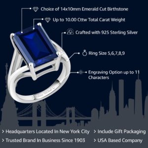 Gem Stone King 925 Sterling Silver Customized and Personalized Name Engraved 14X10MM Emerald Cut Gemstone Birthstone Solitaire Ring For Women (Size 6)