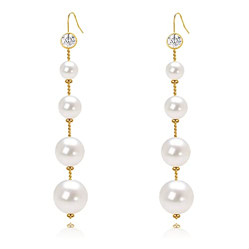 Long Pearl Earrings for Women 14K Gold Plated Pearl Dangle Earrings Hypoallergenic Elegant Gold Pearl Tassel Earring