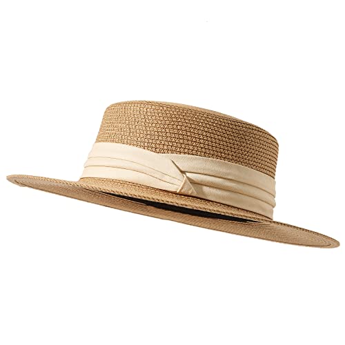 Lanzom Sun Hats for Women Wide Brim Straw Boater Hat Foldable Packable Beach Hat for Summer (Z-Khaki, Medium)