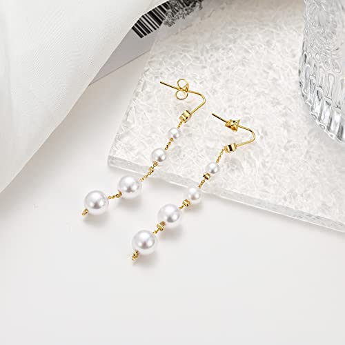 Long Pearl Earrings for Women 14K Gold Plated Pearl Dangle Earrings Hypoallergenic Elegant Gold Pearl Tassel Earring