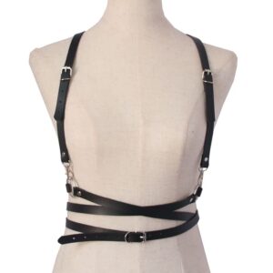 Punk Black PU Leather Body Chain Layered Belly Chains Harness Waist Chain Rave Belt Straps Body Chain Adjustable Body Jewelry for Women-intersect