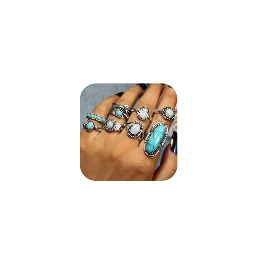 Octwine 8 Pcs Bohemian Silver Statement Knuckle Carved Rings Set Oval Green Turquoise Finger Ring Opal Midi Silver Rings Punk Ring Jewelry for Women