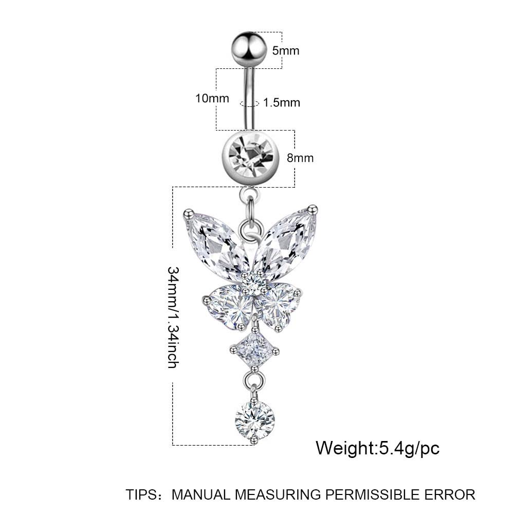 Dangle Belly Button Rings 316L Surgical Steel Belly Rings,14G Butterfly Belly Button Ring Dangling CZ Belly Screw Navel Barbell Piercing Jewelry for Women-butterfly 3