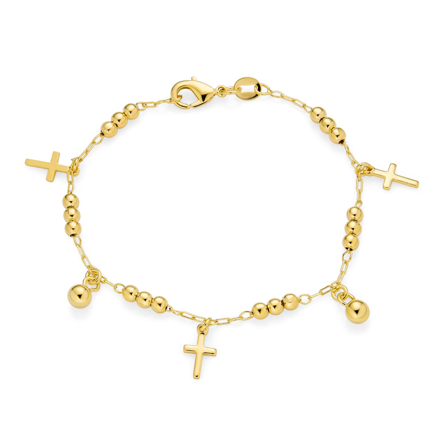 Christian Religious Spiritual Beads Bells Dangle Charm Multi Cross Bracelet for Women Teens 18K Gold Plated Brass 7.5 Inch