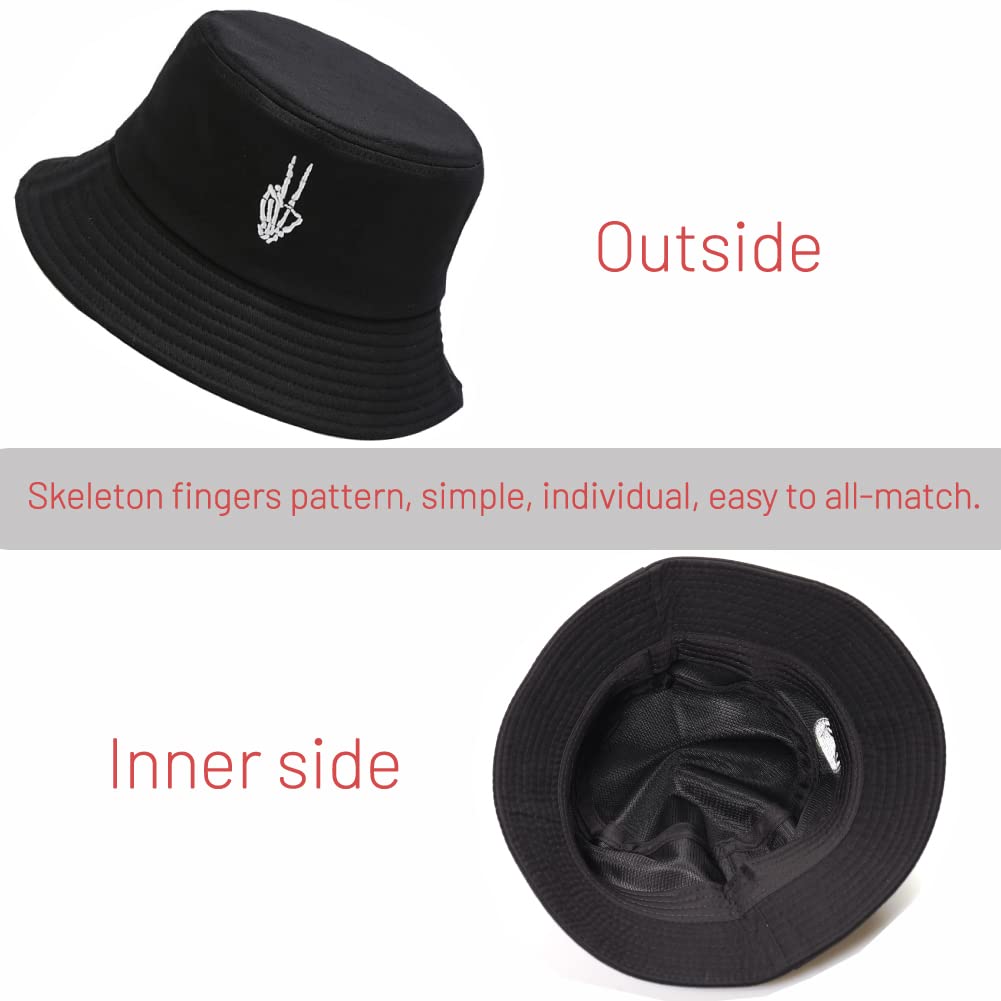 Cotton Bucket Hat for Women Men Summer Travel Sun Beach Bucket Cap, Unisex Outdoor Fisherman Hat (Skeleton Fingers Black)