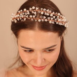 Kercisbeauty Wedding Bridal Pearl and Crystal Rose Gold Hair Tiaras Boho Cute Beaded Princess Crown Banquet Party Special Occasion Handmade Jewelry for Women Girls (Rose Gold)