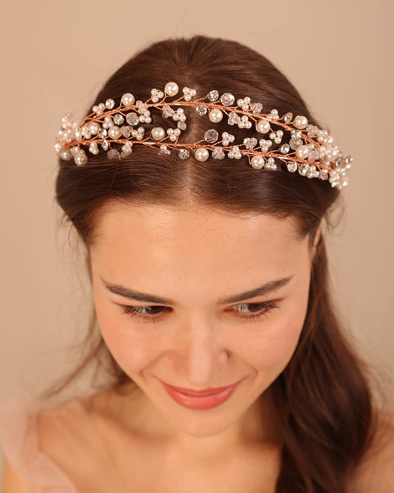 Kercisbeauty Wedding Bridal Pearl and Crystal Rose Gold Hair Tiaras Boho Cute Beaded Princess Crown Banquet Party Special Occasion Handmade Jewelry for Women Girls (Rose Gold)