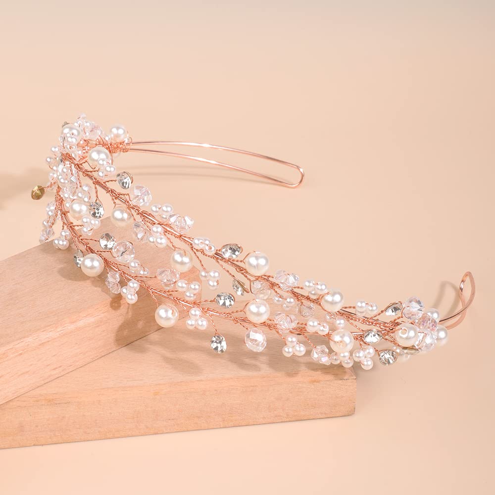 Kercisbeauty Wedding Bridal Pearl and Crystal Rose Gold Hair Tiaras Boho Cute Beaded Princess Crown Banquet Party Special Occasion Handmade Jewelry for Women Girls (Rose Gold)