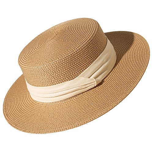 Lanzom Sun Hats for Women Wide Brim Straw Boater Hat Foldable Packable Beach Hat for Summer (Z-Khaki, Medium)