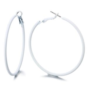 Classic White Large Circle Statement Hoop Huggie Hinged Stud Earrings