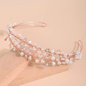 Kercisbeauty Wedding Bridal Pearl and Crystal Rose Gold Hair Tiaras Boho Cute Beaded Princess Crown Banquet Party Special Occasion Handmade Jewelry for Women Girls (Rose Gold)