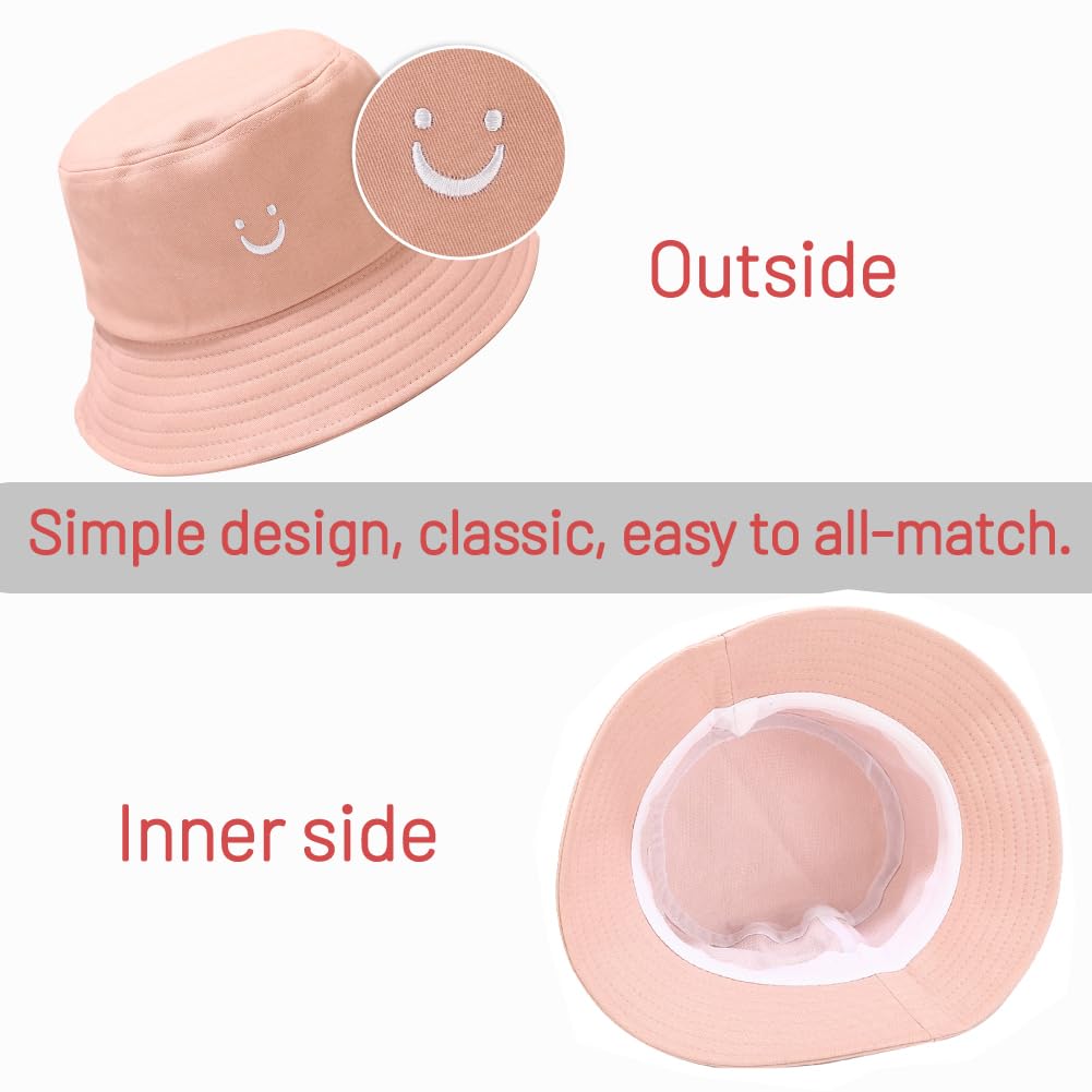 Cotton Bucket Hat for Women Men Summer Travel Sun Beach Bucket Cap, Unisex Outdoor Fisherman Hat (Smiling Face Pink)