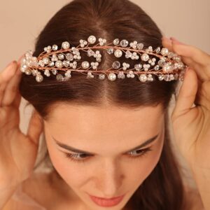 Kercisbeauty Wedding Bridal Pearl and Crystal Rose Gold Hair Tiaras Boho Cute Beaded Princess Crown Banquet Party Special Occasion Handmade Jewelry for Women Girls (Rose Gold)