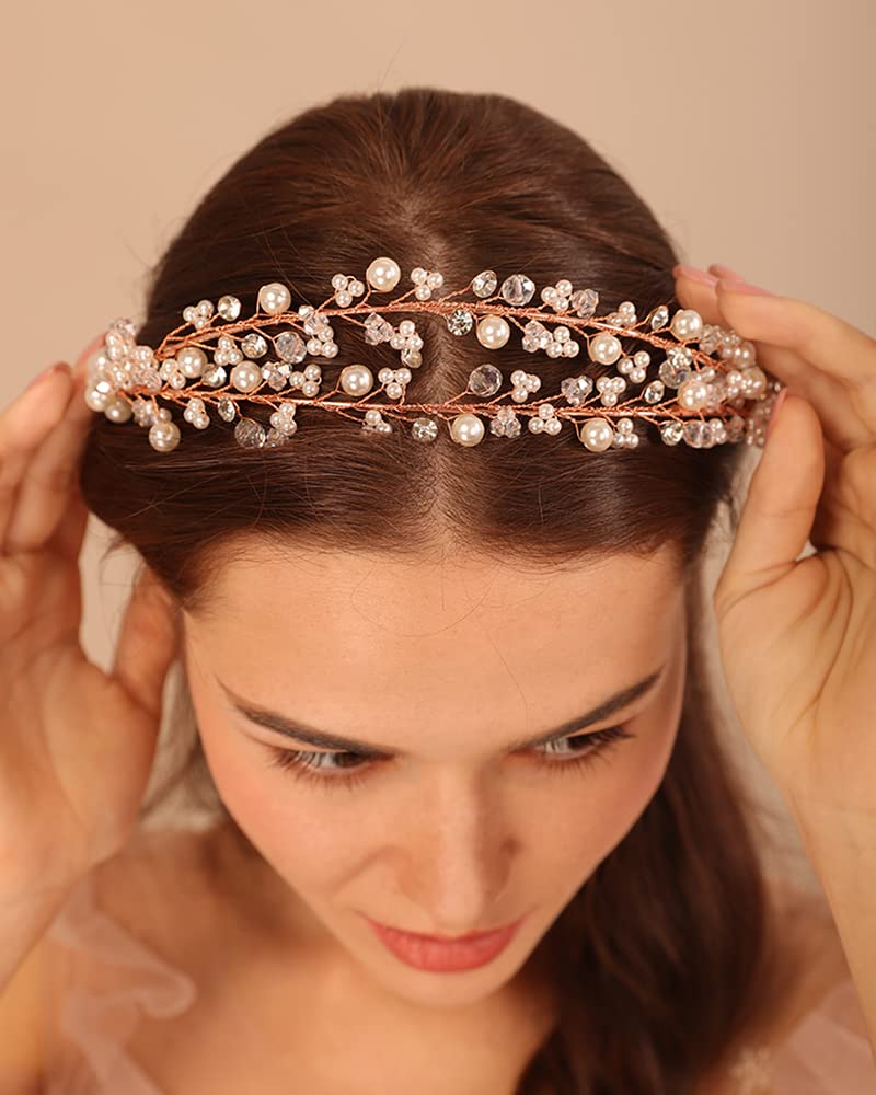 Kercisbeauty Wedding Bridal Pearl and Crystal Rose Gold Hair Tiaras Boho Cute Beaded Princess Crown Banquet Party Special Occasion Handmade Jewelry for Women Girls (Rose Gold)