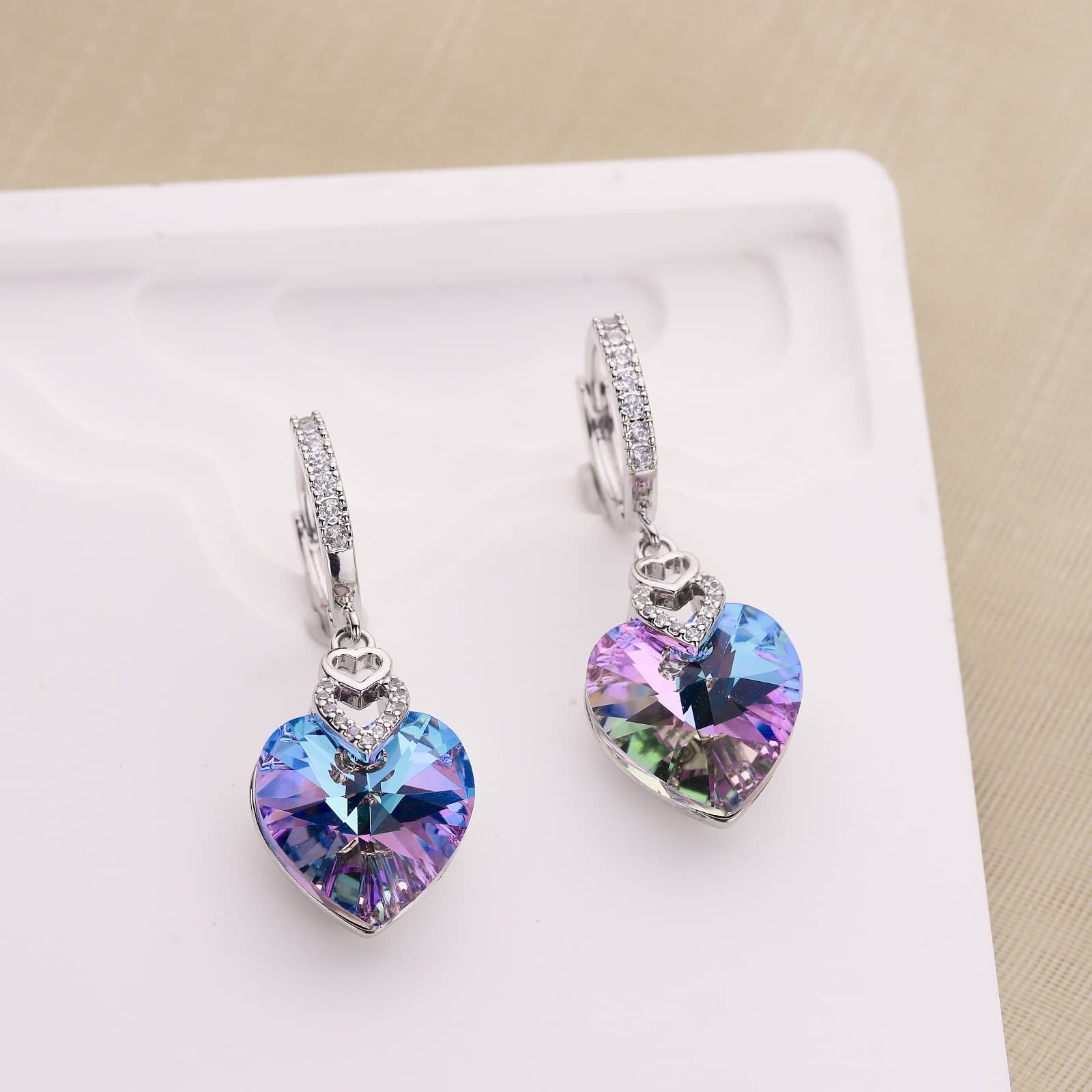 S925 Sterling Silver Heart Dangle Drop Hoop Earrings for Women Multicolored Crystal Cubic Zirconia Purple Amethyst Dangling Earrings Fine Jewelry Gifts for Her (purple)