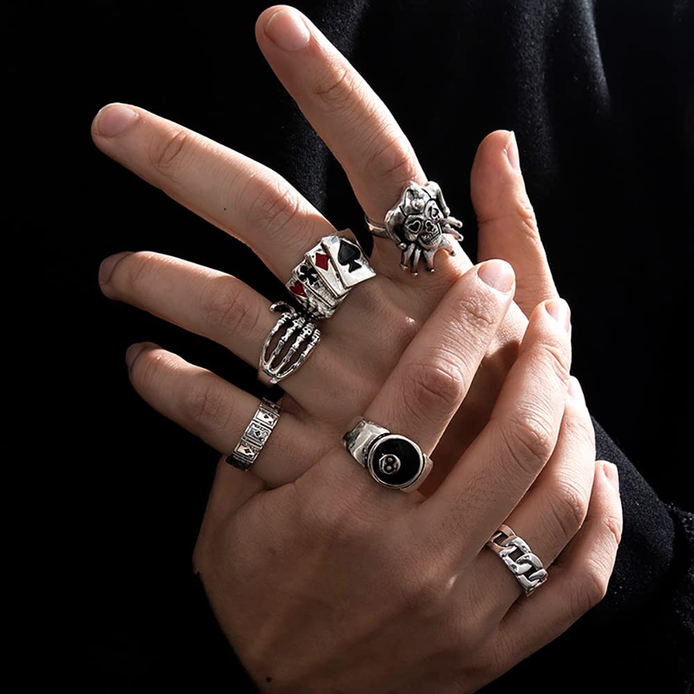 KISS WIFE Cool Rings Set for Women, Vintage Silver Punk Rings Bulk, Gothic Chunky Knuckle Emo Stackable Finger Ring Pack (Gothic)