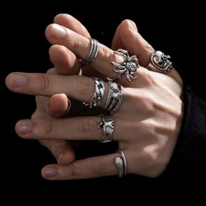 KISS WIFE Cool Rings Set for Women, Vintage Silver Punk Rings Bulk, Gothic Chunky Knuckle Emo Stackable Finger Ring Pack (Gothic)